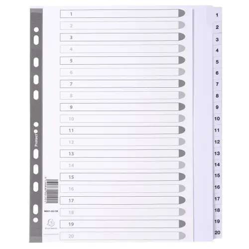 Intercalaires imprim&eacute;s &agrave; touches plastifi&eacute;es - 20 touches 1 &agrave; 20 - A4 maxi - Blanc - EXACOMPTA 