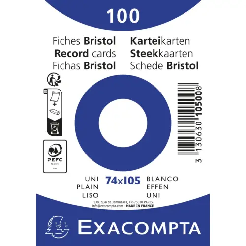 Paquet 100 fiches sous film - bristol uni non perfor&eacute; 74x105mm - Blanc - EXACOMPTA 