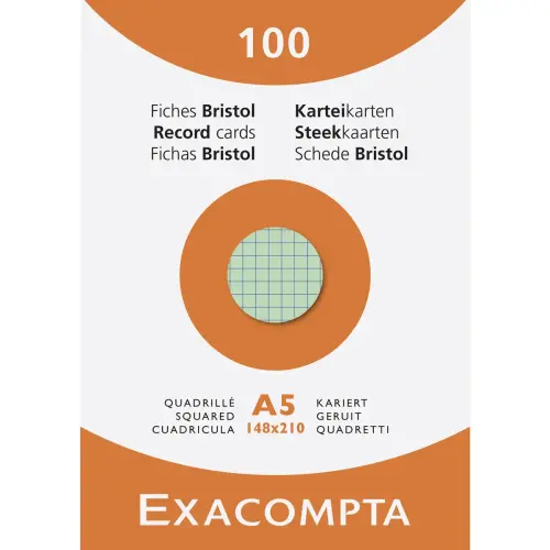 Étui de 100 fiches - bristol quadrillé 5 x 5 non perforé 148 x 210 mm - Couleurs assorties - Exacompta