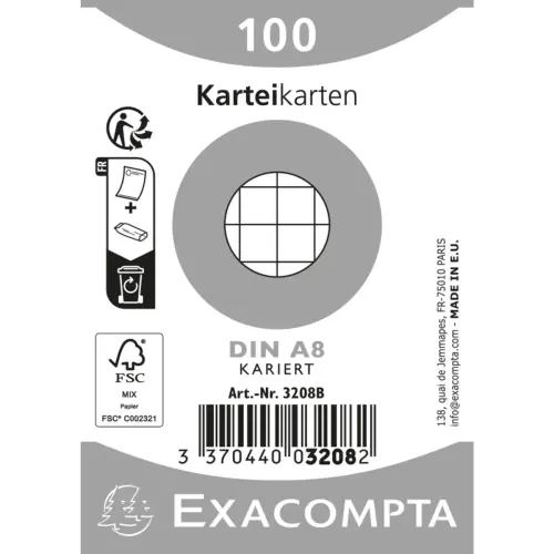 Paquet 100 fiches sous film - bristol quadrillé 5x5 non perforé 55x74mm - Blanc - EXACOMPTA