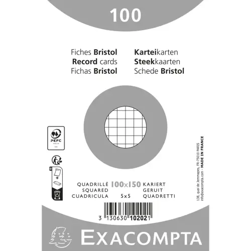 Paquet 100 fiches sous film - bristol quadrill&eacute; 5 x 5 non perfor&eacute; - 100 x 150 mm - Blanc - Exacompta 