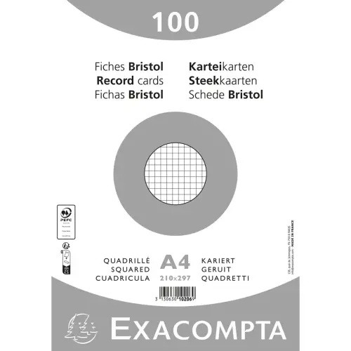Paquet 100 fiches sous film - bristol quadrillé 5 x 5 non perforé 210 x 297 mm - Blanc - Exacompta