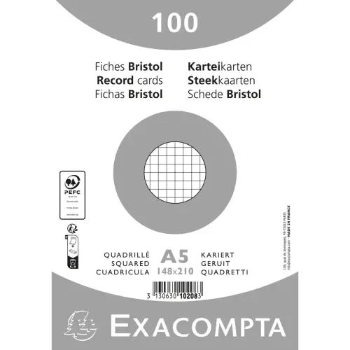 Paquet 100 fiches sous film - bristol quadrillé 5x5 non perforé 148x210mm - Blanc - EXACOMPTA