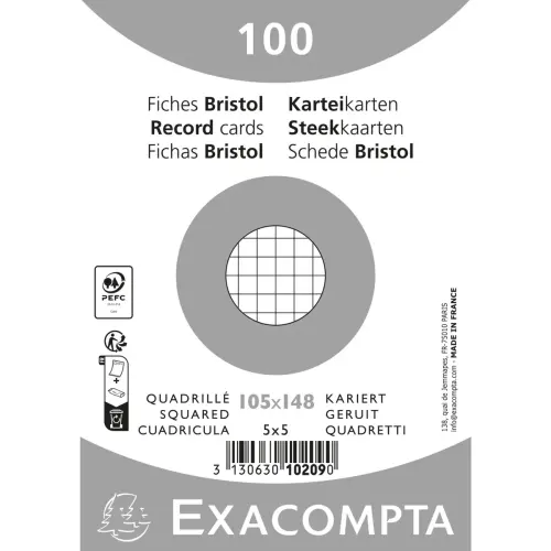 Paquet 100 fiches sous film - bristol quadrill&eacute; 5 x 5 non perfor&eacute; 105 x 148 mm - Blanc - Exacompta 