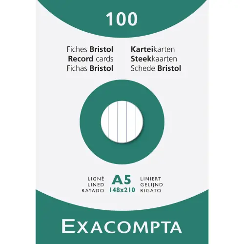 Étui de 100 fiches - bristol ligné non perforé 148x210mm - Blanc - EXACOMPTA