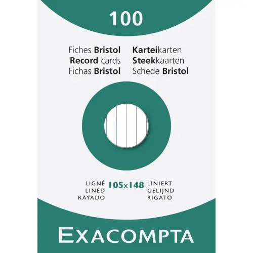 Étui de 100 fiches - bristol blanc ligné non perforé 105x148mm - Blanc - EXACOMPTA
