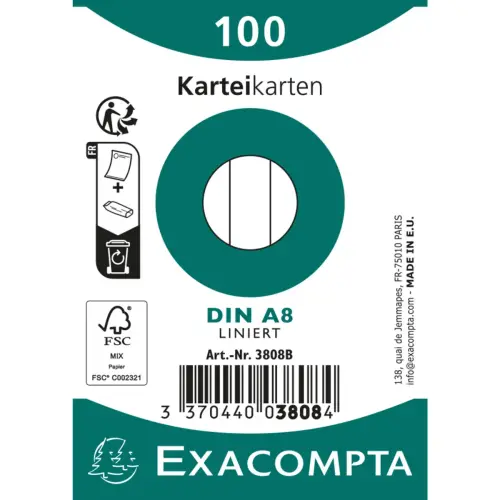 Paquet 100 fiches sous film - bristol lign&eacute; non perfor&eacute; 55x74mm - Blanc - EXACOMPTA 