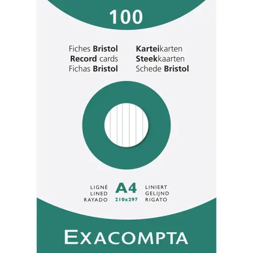 Étui de 100 fiches - bristol ligné non perforé 210x297mm - Blanc - EXACOMPTA