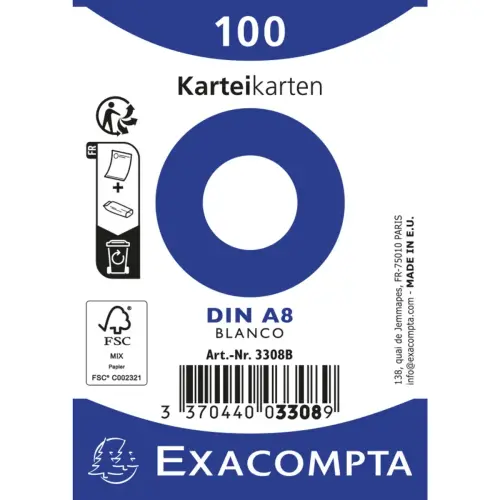 Paquet 100 fiches sous film - bristol uni non perfor&eacute; 55x74mm - Blanc - EXACOMPTA 