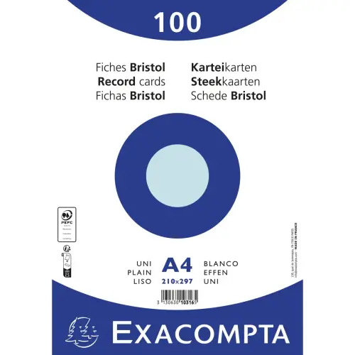 Paquet 100 fiches sous film - bristol uni non perfor&eacute; 210x297mm - Azur - EXACOMPTA 