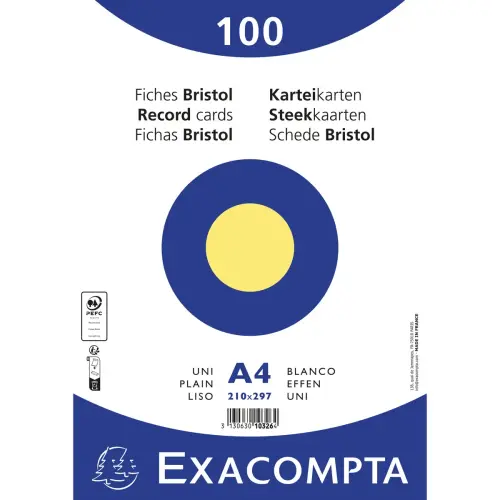 Paquet 100 fiches sous film - bristol uni non perforé 210x297mm - Jaune - EXACOMPTA