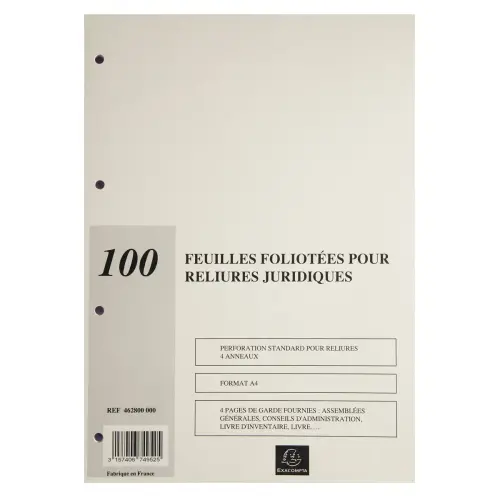 Recharge de 100 feuillets A4 80g pour reliure juridique 4 ou 6 anneaux - EXACOMPTA