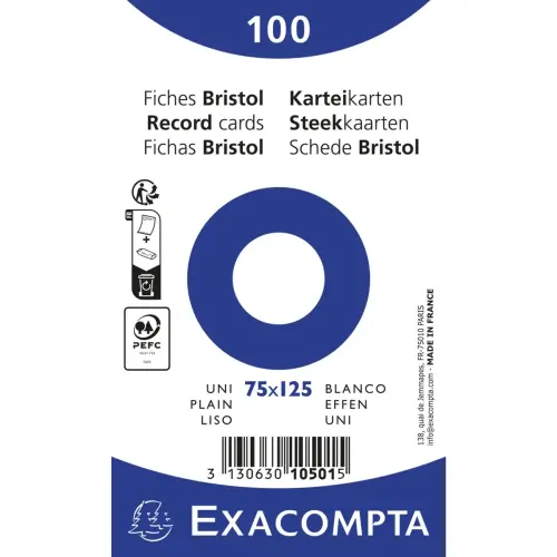 Paquet 100 fiches sous film - bristol uni non perforé - 75x125mm - Blanc - EXACOMPTA