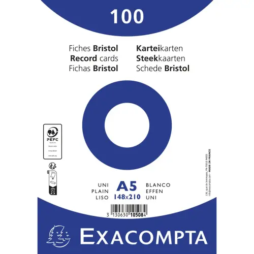 Paquet 100 fiches sous film - bristol uni non perforé 148x210mm - Blanc - EXACOMPTA