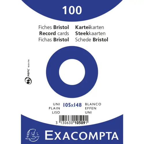 Paquet 100 fiches sous film - bristol uni non perfor&eacute; - 105 x 148 mm - Blanc - Exacompta 