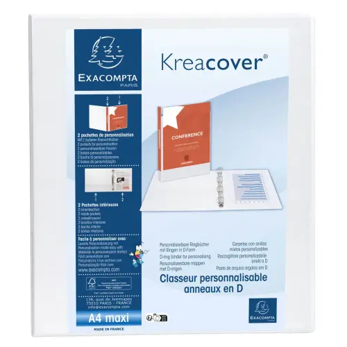 Classeur PP personnalisable Kreacover - 2 anneaux en D 40mm - A4 maxi - Blanc - EXACOMPTA 