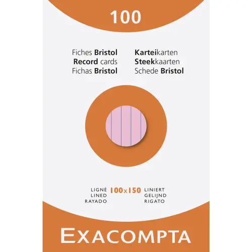 Etui de 100 fiches - bristol lign&eacute; non perfor&eacute; 100x150mm - Couleurs assorties - EXACOMPTA 