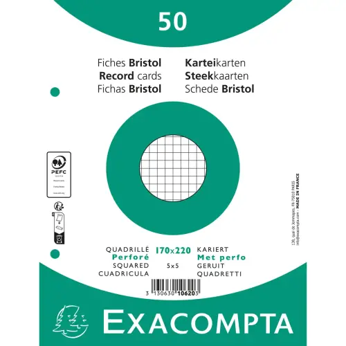 Paquet 50 fiches sous film - bristol quadrillé 5 x 5 perforé 170 x 220 mm - Blanc - Exacompta