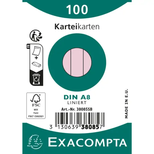Paquet 100 fiches sous film - bristol lign&eacute; non perfor&eacute; 55x74mm - Rose - EXACOMPTA 