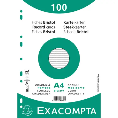 Paquet 100 fiches sous film - bristol quadrillé 5 x 5 perforé- 210 x 297 mm - Blanc - Exacompta