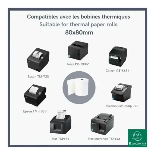 Bobine pour tickets de caisse 80x80 mm - 1 pli thermique 55g/m2 sans BPA. - EXACOMPTA 