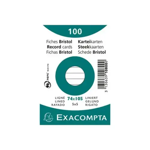 Paquet 100 fiches sous film - bristol ligné non perforé 74 x 105 mm - Blanc - Exacompta