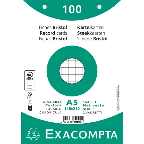 Paquet 100 fiches sous film - bristol quadrill&eacute; 5 x 5 perfor&eacute; 148 x 210 mm - Blanc - Exacompta 