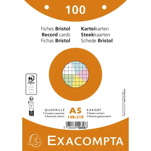Paquet 100 fiches sous film - bristol quadrill&eacute; 5 x 5 perfor&eacute; - 148 x 210 mm - Couleurs assorties - Exacompta 