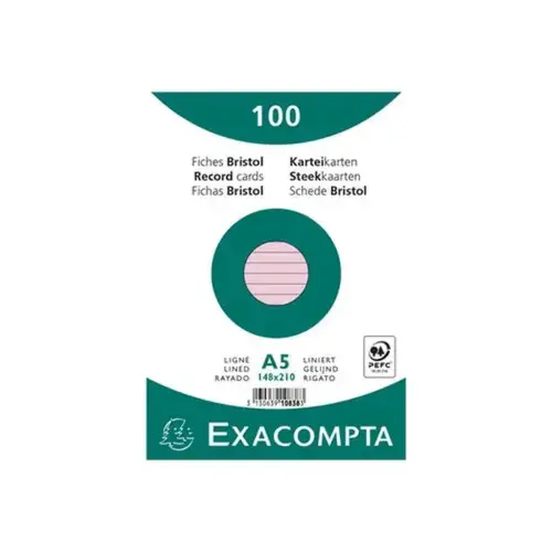 Paquet 100 fiches sous film - bristol lign&eacute; non perfor&eacute; 148 x 210 mm - Rose - Exacompta 