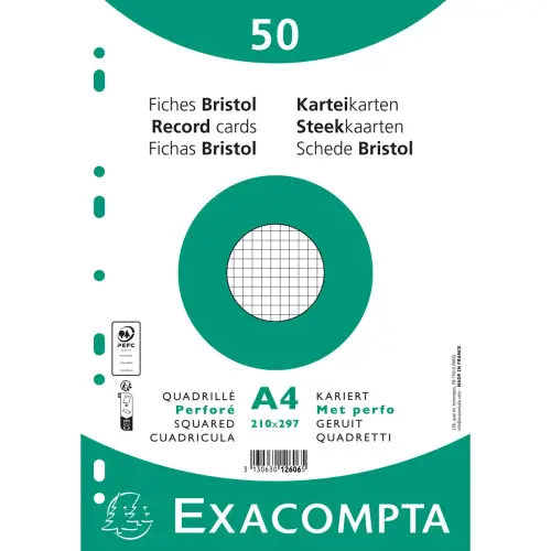 Paquet 50 fiches sous film - bristol quadrillé 5x5 perforé 210x297mm - Blanc - EXACOMPTA