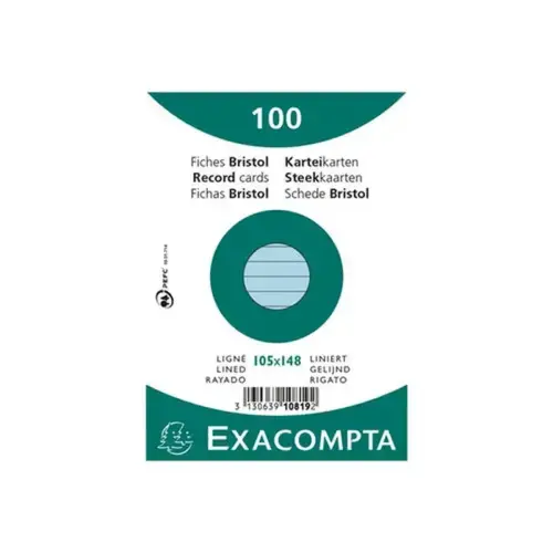 Paquet 100 fiches sous film - bristol ligné non perforé 105 x 148 mm - Azur - Exacompta