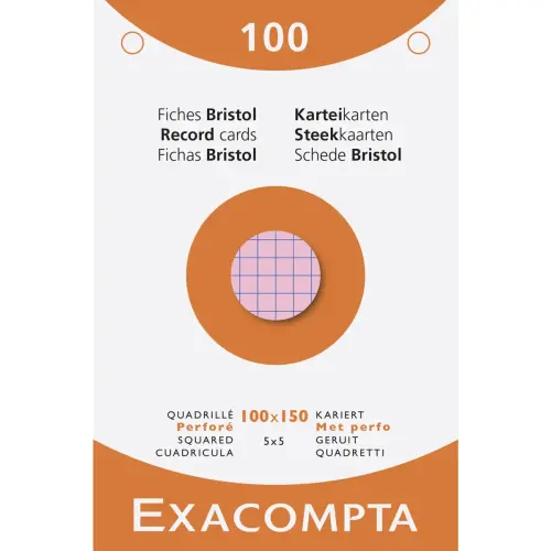 Étui de 100 fiches - bristol quadrillé 5x5 perforé 100x150mm - Couleurs assorties - EXACOMPTA
