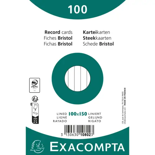 Paquet 100 fiches sous film - bristol ligné non perforé 100 x 150 mm - Blanc - Exacompta