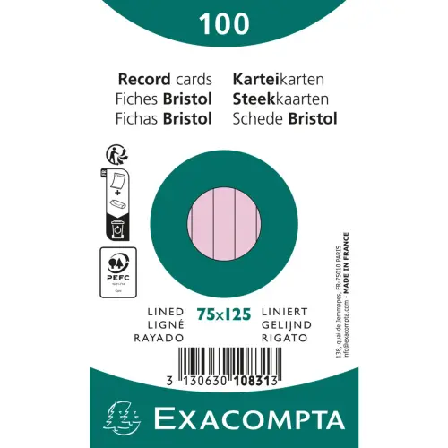 Paquet 100 fiches sous film - bristol lign&eacute; non perfor&eacute; 75x125mm - Rose - EXACOMPTA 