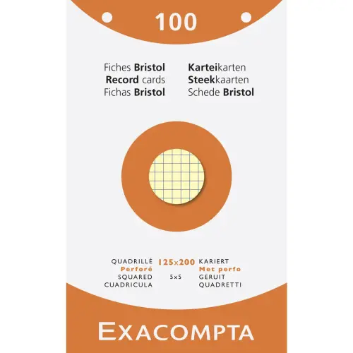 Étui de 100 fiches - bristol quadrillé 5x5 perforé 125x200mm - Couleurs assorties - EXACOMPTA