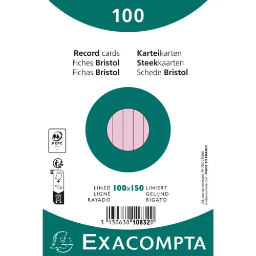 Paquet 100 fiches sous film - bristol lign&eacute; non perfor&eacute; 100 x 150 mm - Rose - Exacompta 
