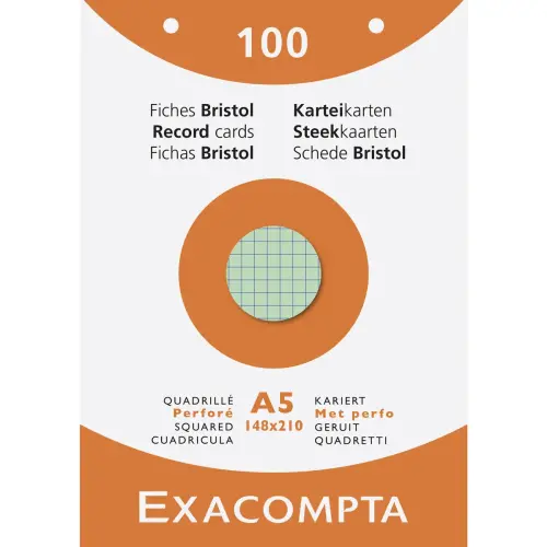 Étui de 100 fiches - bristol quadrillé 5x5 perforé 148x210mm - Couleurs assorties - EXACOMPTA
