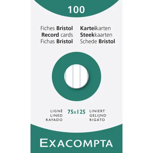 &Eacute;tui de 100 fiches - bristol lign&eacute; non perfor&eacute; 75x125mm - Blanc - EXACOMPTA 