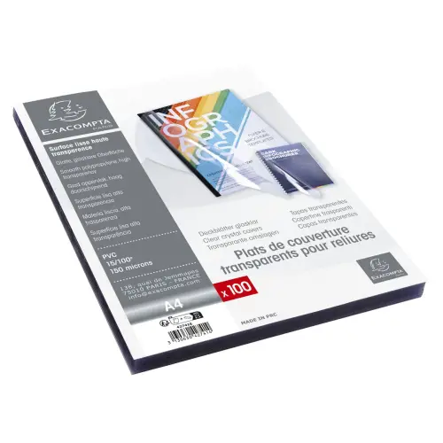 Boite de 100 plats pour relier PVC 15x100e - A4 - Cristal - EXACOMPTA