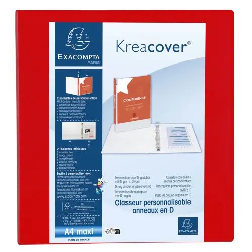 Classeur PP personnalisable Kreacover - 4 anneaux en D 60mm - A4 maxi - Rouge - EXACOMPTA