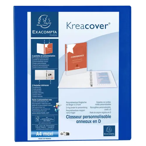 Classeur PP personnalisable Kreacover - 4 anneaux en D 25mm - A4 maxi - Bleu - EXACOMPTA 
