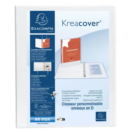 Classeur personnalisable rigide 2 poches KreaCover&reg; - 2 anneaux en D 20mm - A4 maxi - Blanc - EXACOMPTA 