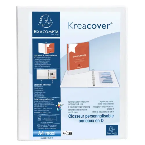 Classeur personnalisable rigide 2 poches KreaCover&reg; - 2 anneaux en D 30mm - A4 maxi - Blanc - EXACOMPTA 