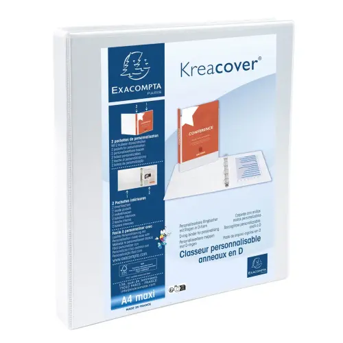 Classeur personnalisable rigide 2 poches KreaCover - 4 anneaux en D 16mm - A4 maxi - Blanc - EXACOMPTA 