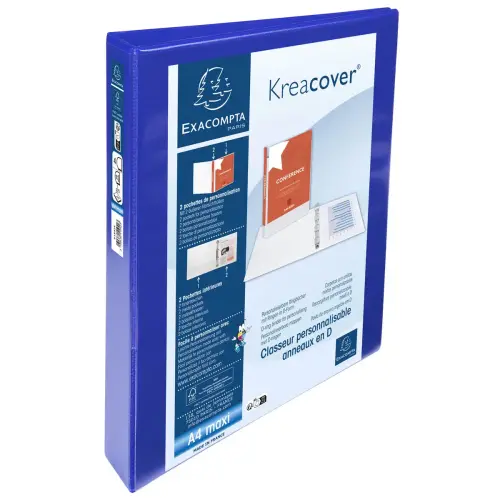 Classeur personnalisable rigide 2 poches KreaCover&reg; - 4 anneaux en D 30mm - A4 maxi - Bleu - EXACOMPTA 
