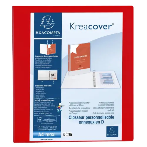 Classeur PP personnalisable Kreacover - 4 anneaux en D 40mm - A4 maxi - Rouge - EXACOMPTA 