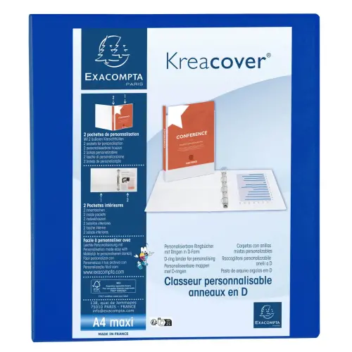 Classeur PP personnalisable Kreacover - 4 anneaux en D 50mm - A4 maxi - Bleu - EXACOMPTA
