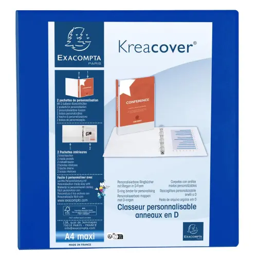 Classeur PP personnalisable Kreacover - 4 anneaux en D 60mm - A4 maxi - Bleu - EXACOMPTA
