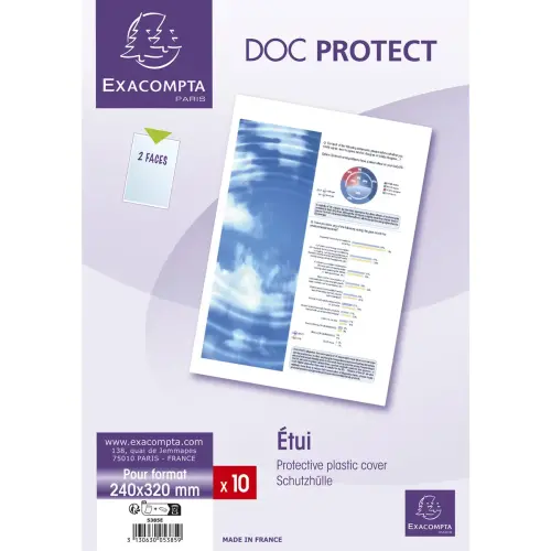 Sachet de 10 &eacute;tuis de protection simples PVC lisse 20/100e - A4 maxi - Cristal - EXACOMPTA 