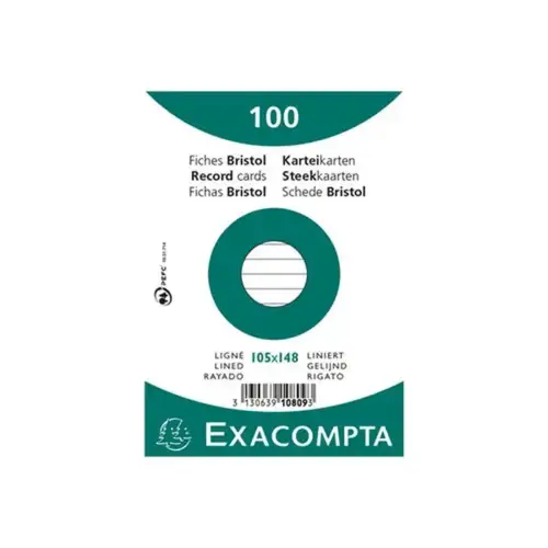 Paquet 100 fiches sous film - lign&eacute; non perfor&eacute; - 105 x 148 mm - Blanc - Exacompta 
